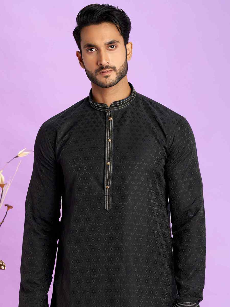 Black Jacquard Art Soft Silk Printed Festival Casual Kurta
