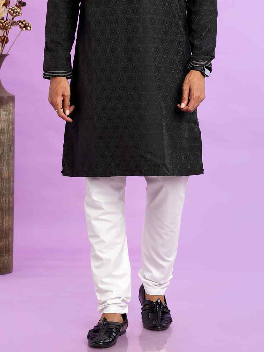 Black Jacquard Art Soft Silk Printed Festival Casual Kurta