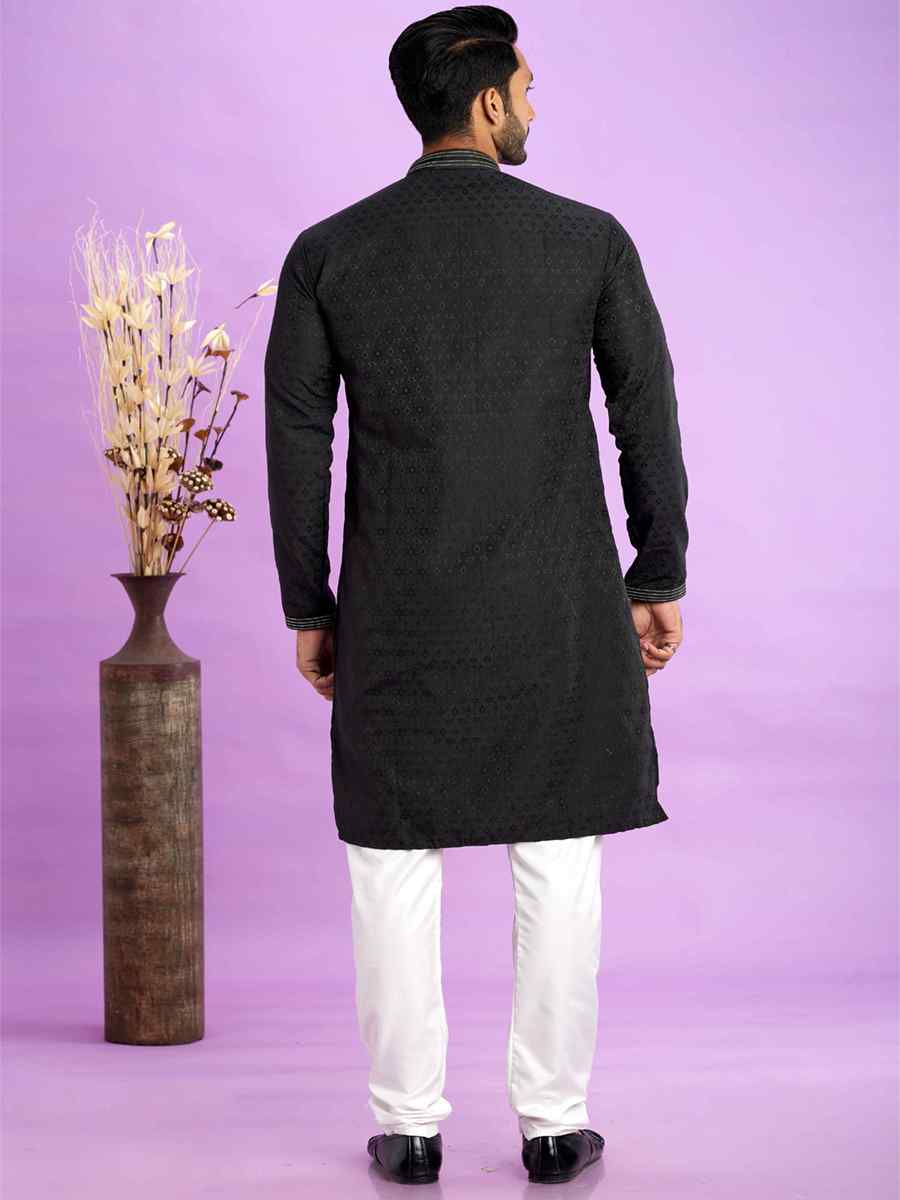 Black Jacquard Art Soft Silk Printed Festival Casual Kurta