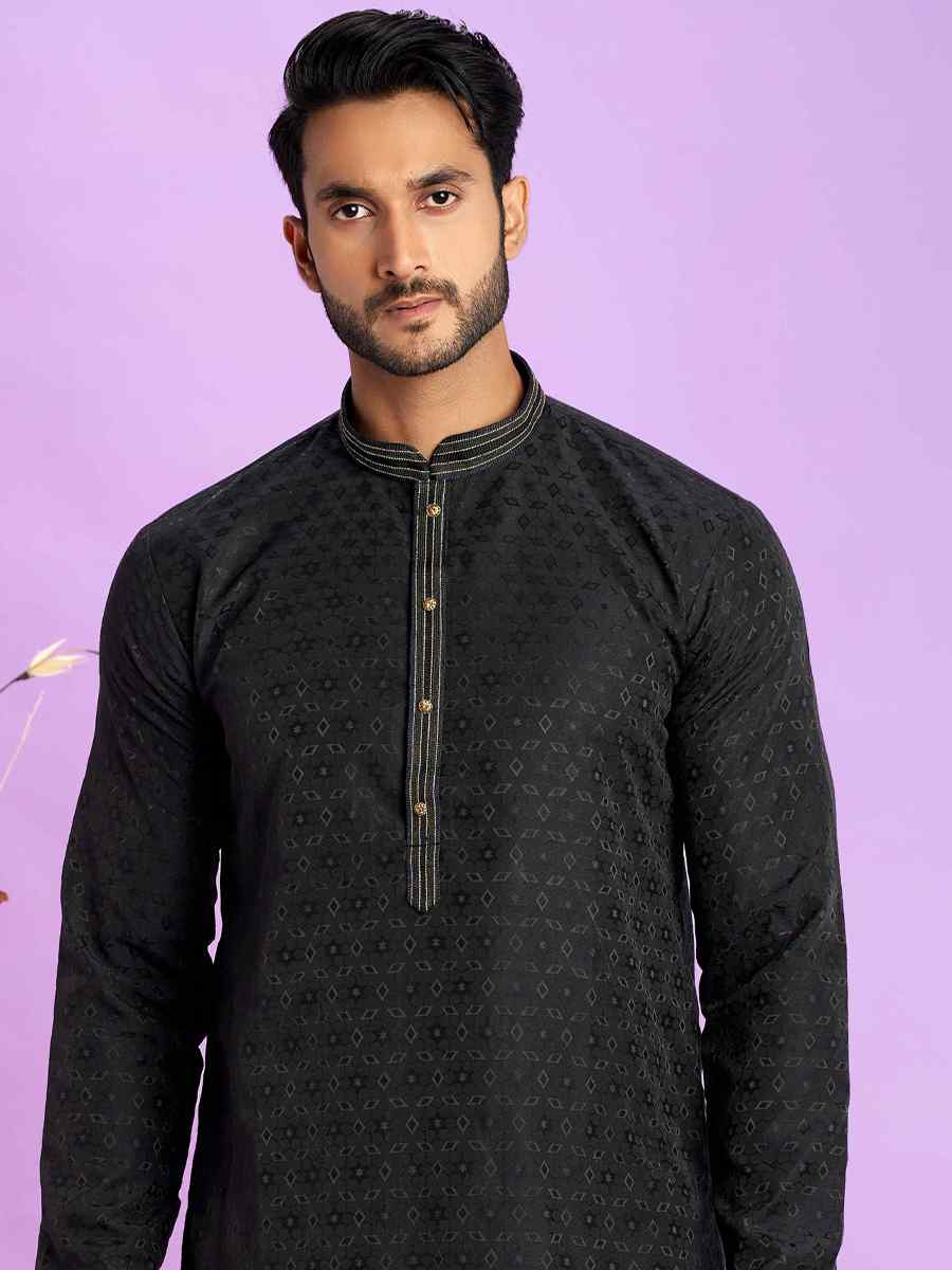 Black Jacquard Art Soft Silk Printed Festival Casual Kurta