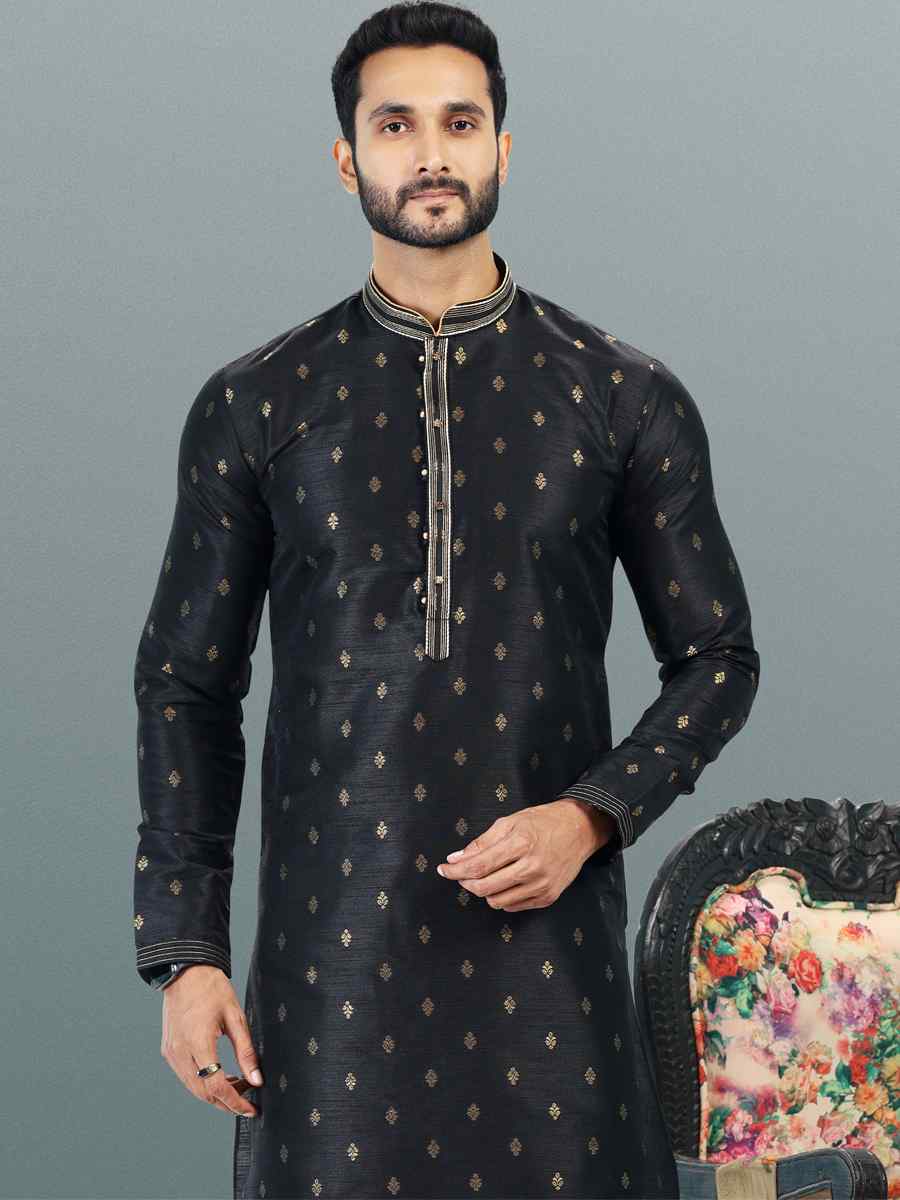 Black Jacquard Banarasi Silk Woven Festival Wedding Kurta