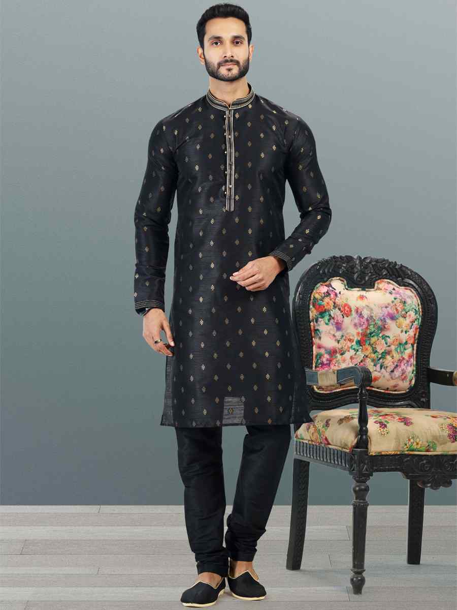 Black Jacquard Banarasi Silk Woven Festival Wedding Kurta