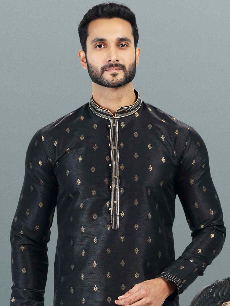 Black Jacquard Banarasi Silk Woven Festival Wedding Kurta