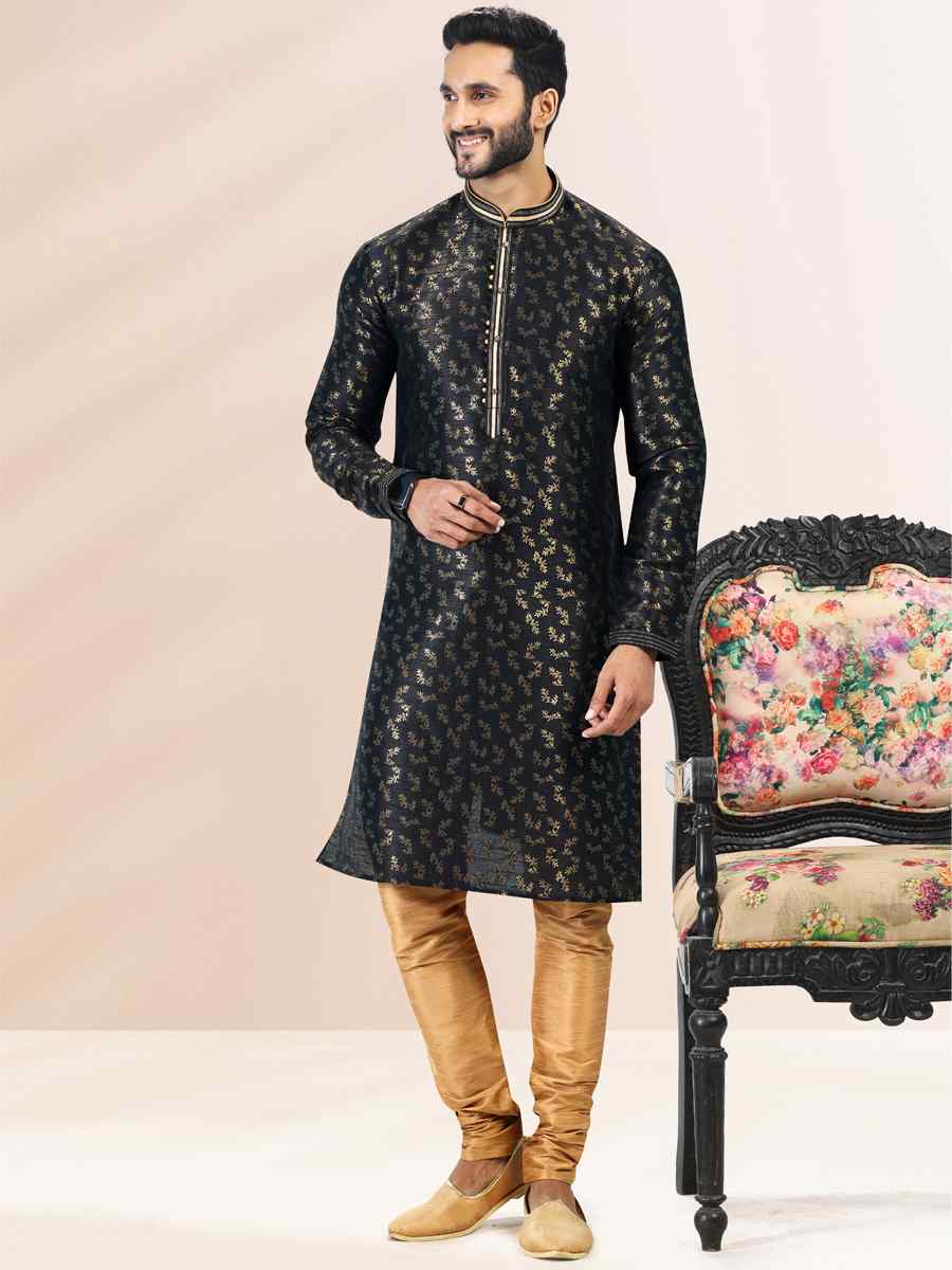 Black Jacquard Banarasi Silk Woven Festival Wedding Kurta