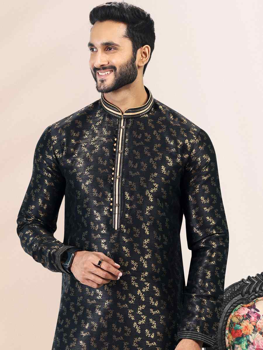Black Jacquard Banarasi Silk Woven Festival Wedding Kurta
