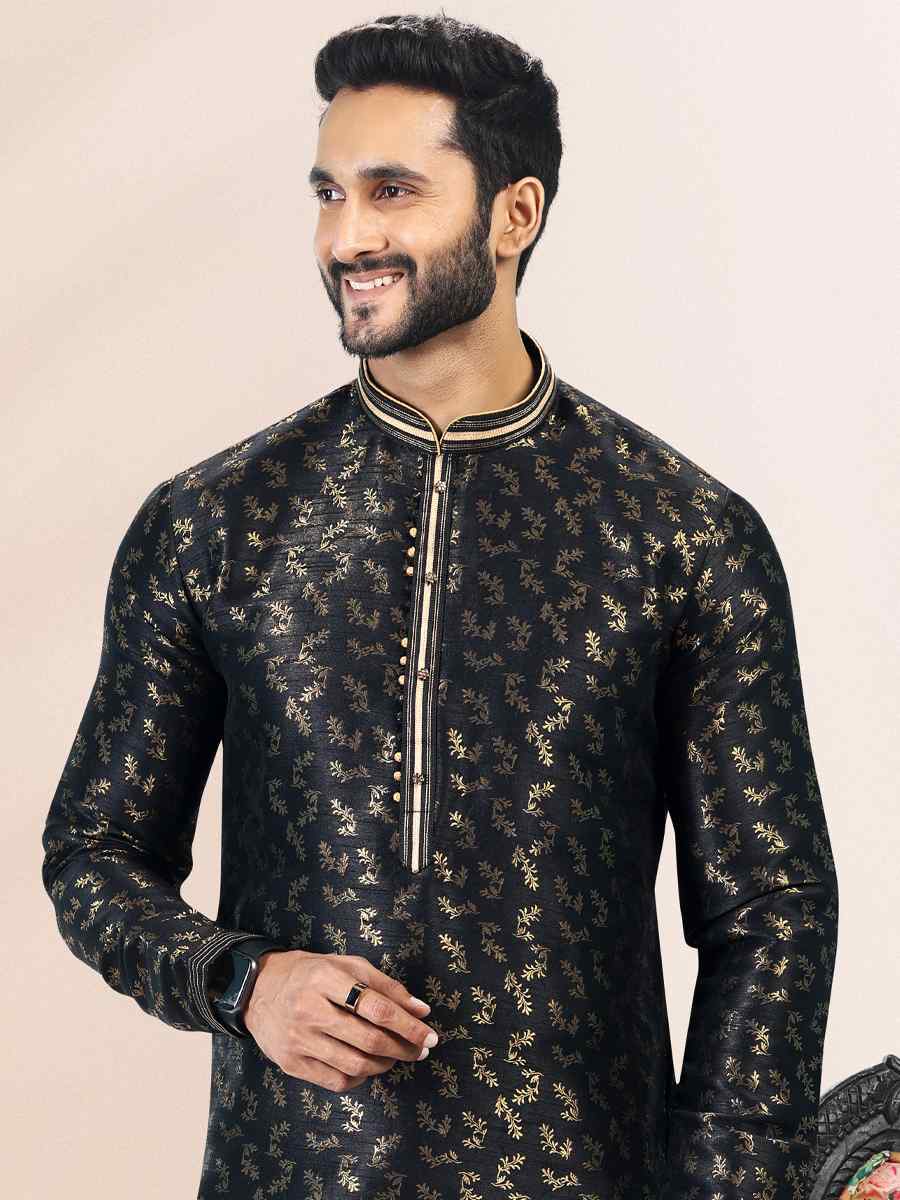 Black Jacquard Banarasi Silk Woven Festival Wedding Kurta