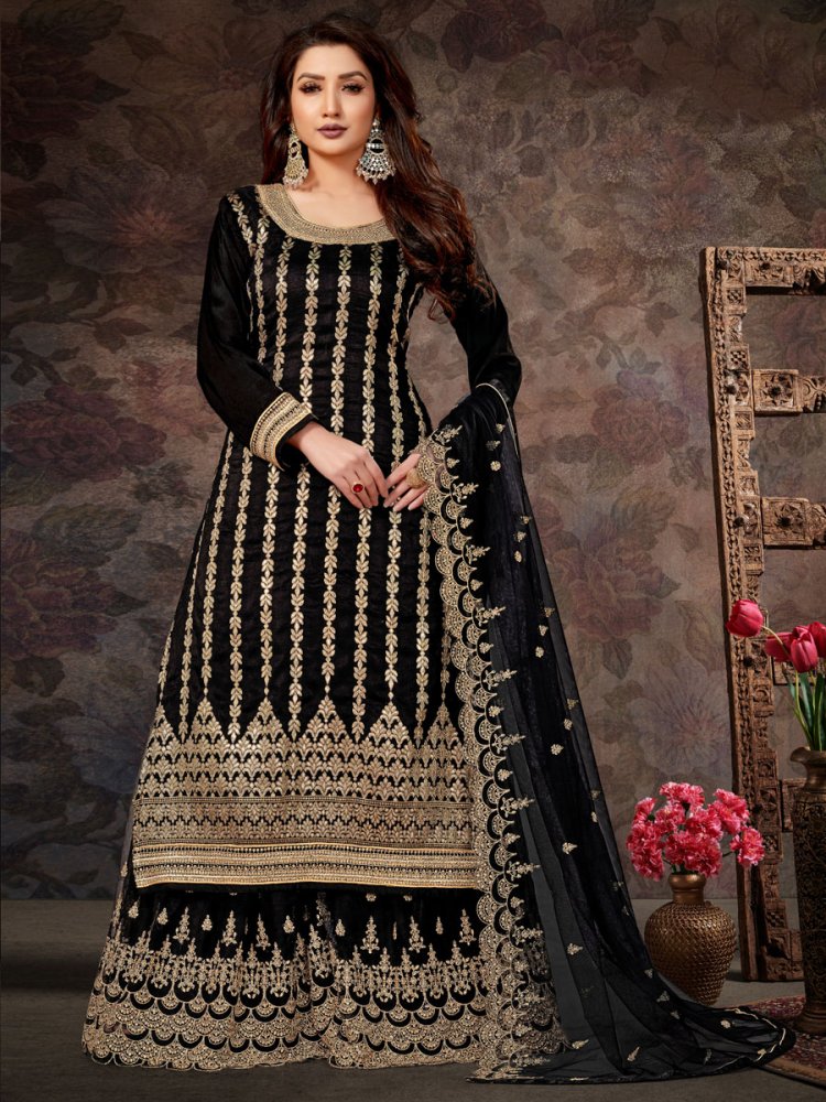 Black Jacquard Embroidered Party Palazzo Pant Kameez