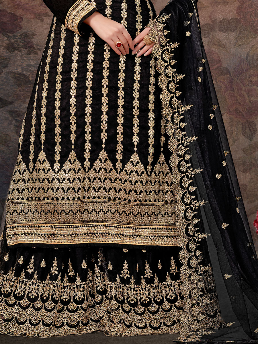 Black Jacquard Embroidered Party Palazzo Pant Kameez