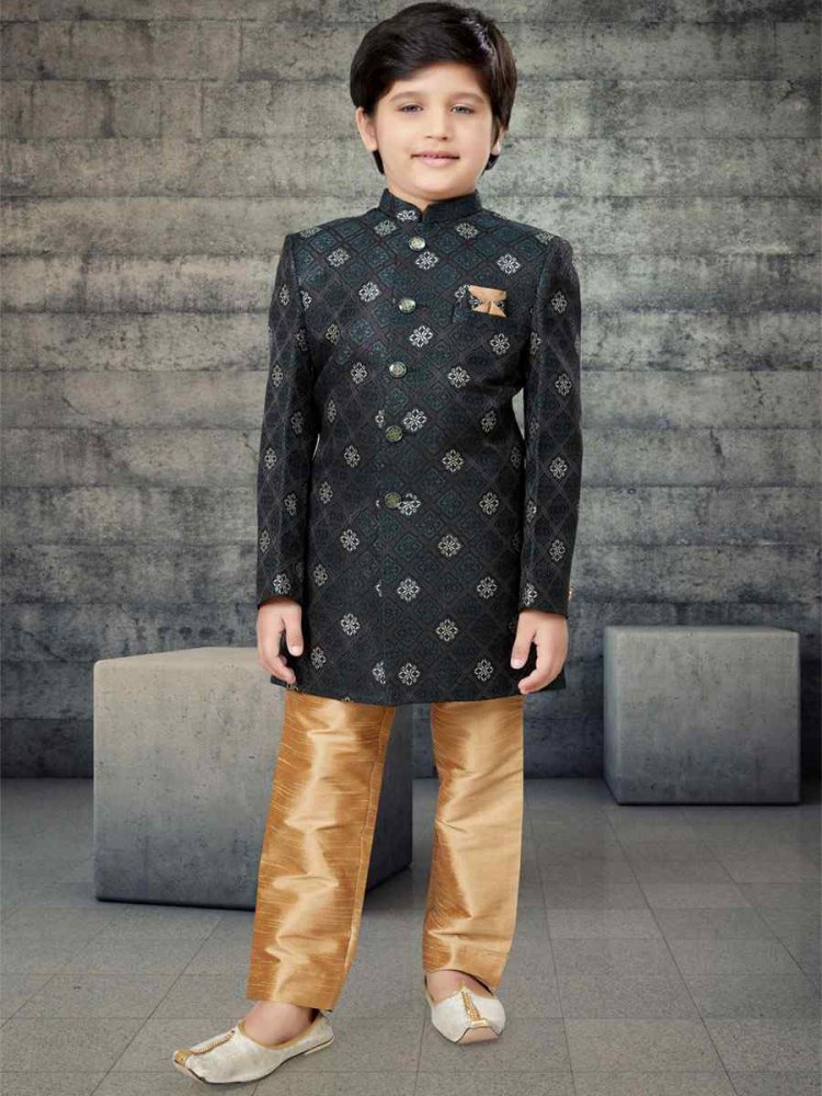 Black Jacquard Printed Festival Traditional Kurta Pyjama Boys Wear