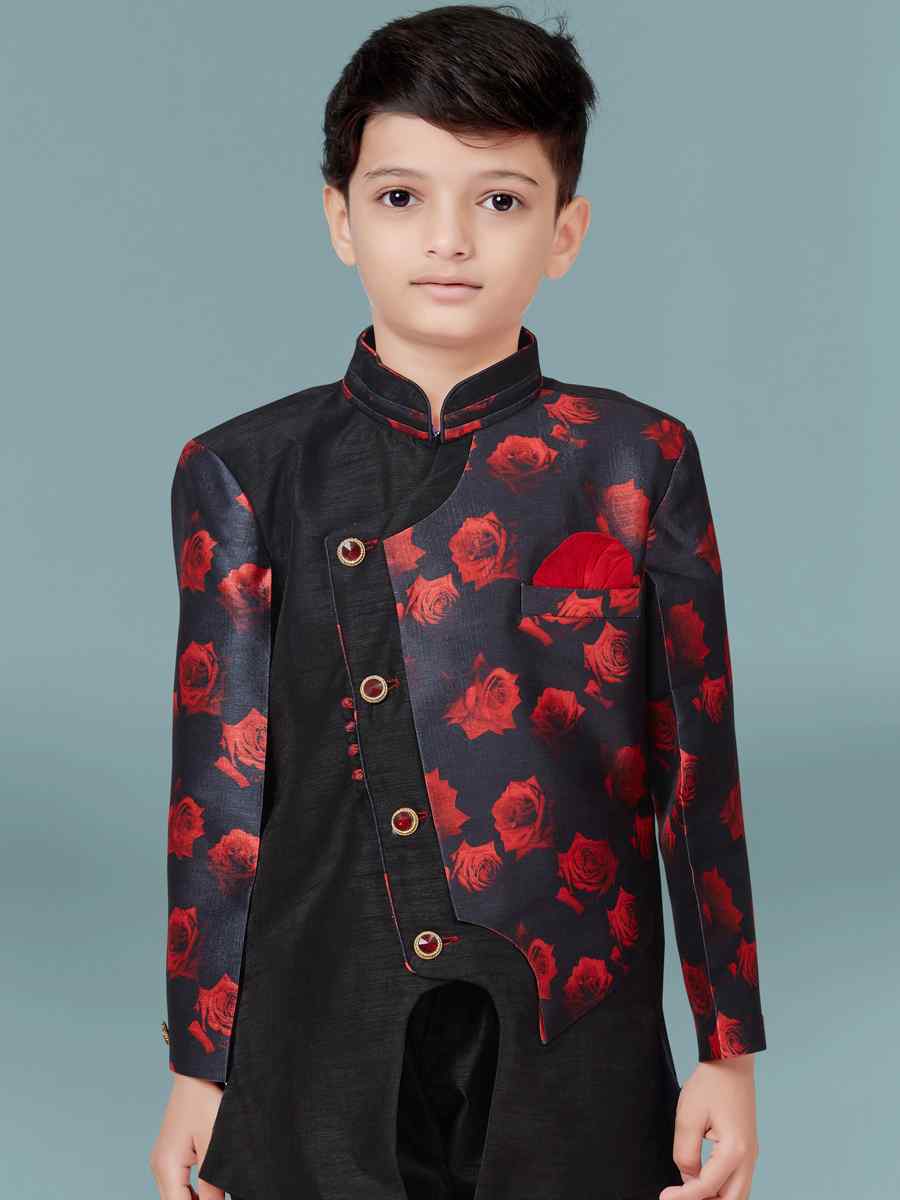 Black Jacquard Silk Dupion Floral Party Festival Kurta Pyjama Boys Wear