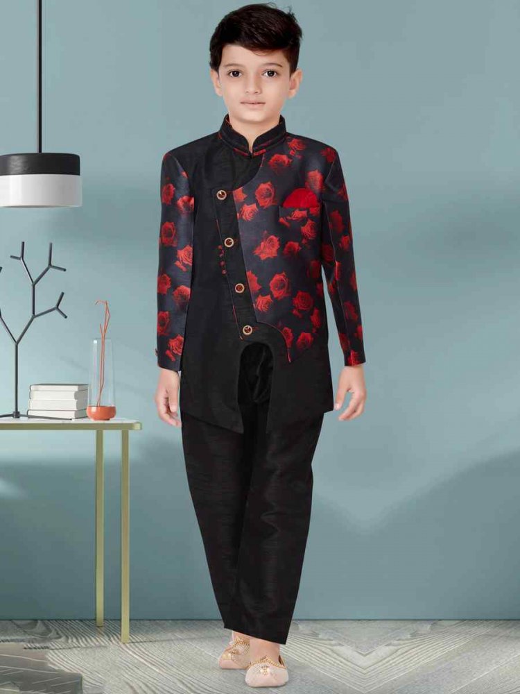 Black Jacquard Silk Dupion Floral Party Festival Kurta Pyjama Boys Wear