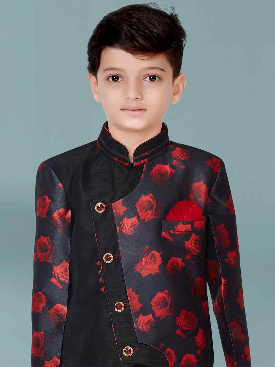 Black Jacquard Silk Dupion Floral Party Festival Kurta Pyjama Boys Wear