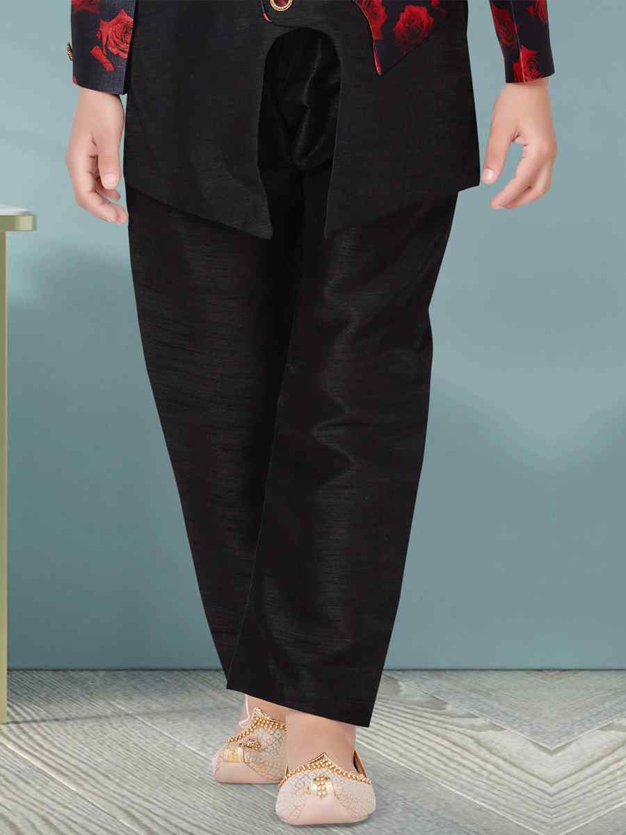 Black Jacquard Silk Dupion Floral Party Festival Kurta Pyjama Boys Wear