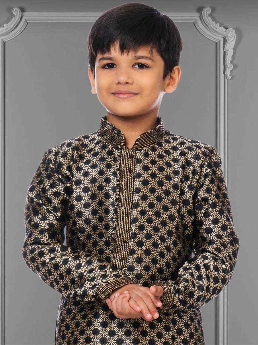 Black Jacquard Silk Embroidered Festival Kurta Pyjama Boys Wear