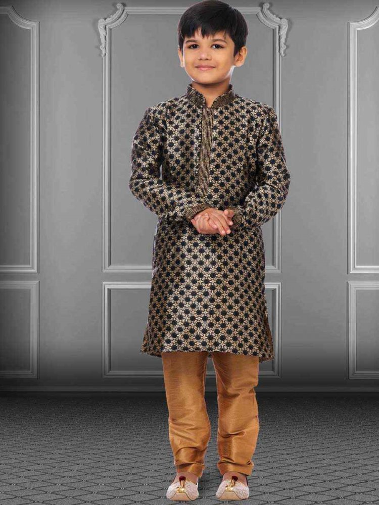 Black Jacquard Silk Embroidered Festival Kurta Pyjama Boys Wear