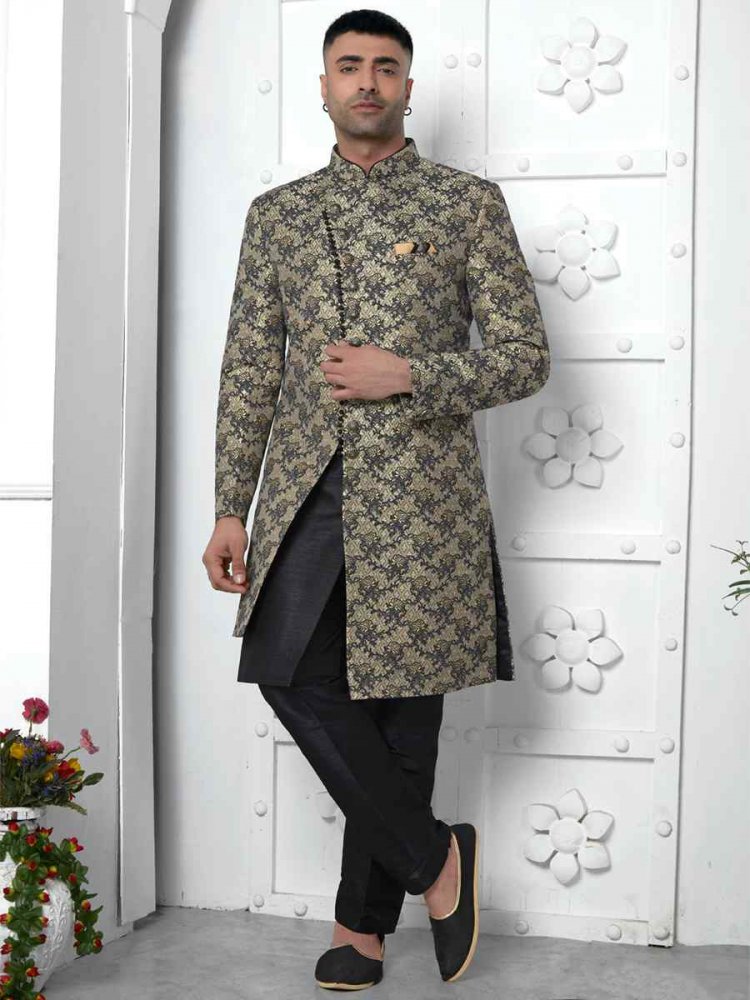 Black Jacquard Silk Embroidered Groom Wedding Sherwani