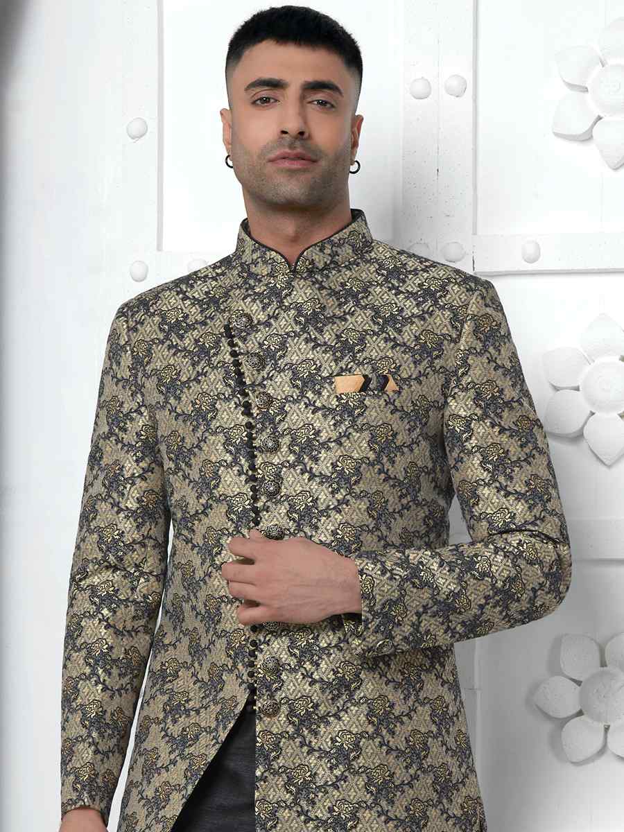 Black Jacquard Silk Embroidered Groom Wedding Sherwani