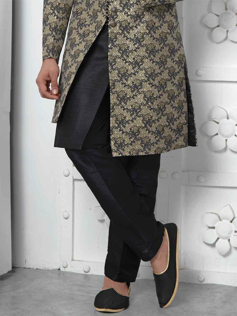 Black Jacquard Silk Embroidered Groom Wedding Sherwani