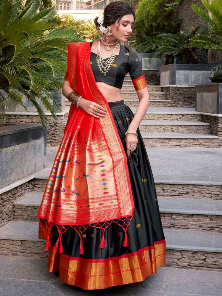Black Jacquard Silk Printed And Handwoven Party Reception Wedding Lehenga Choli