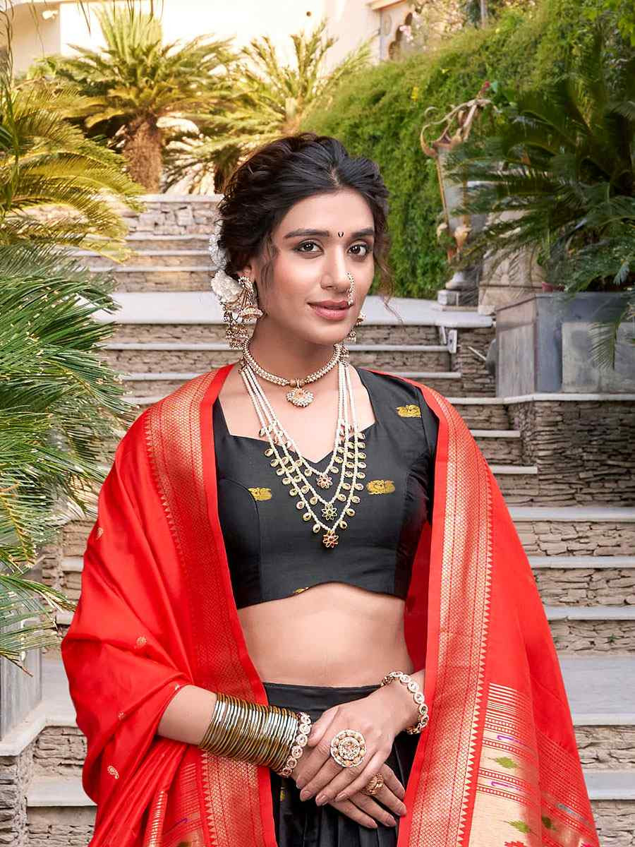 Black Jacquard Silk Printed And Handwoven Party Reception Wedding Lehenga Choli