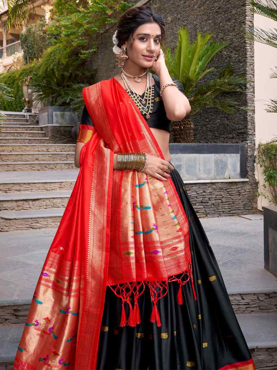 Black Jacquard Silk Printed And Handwoven Party Reception Wedding Lehenga Choli