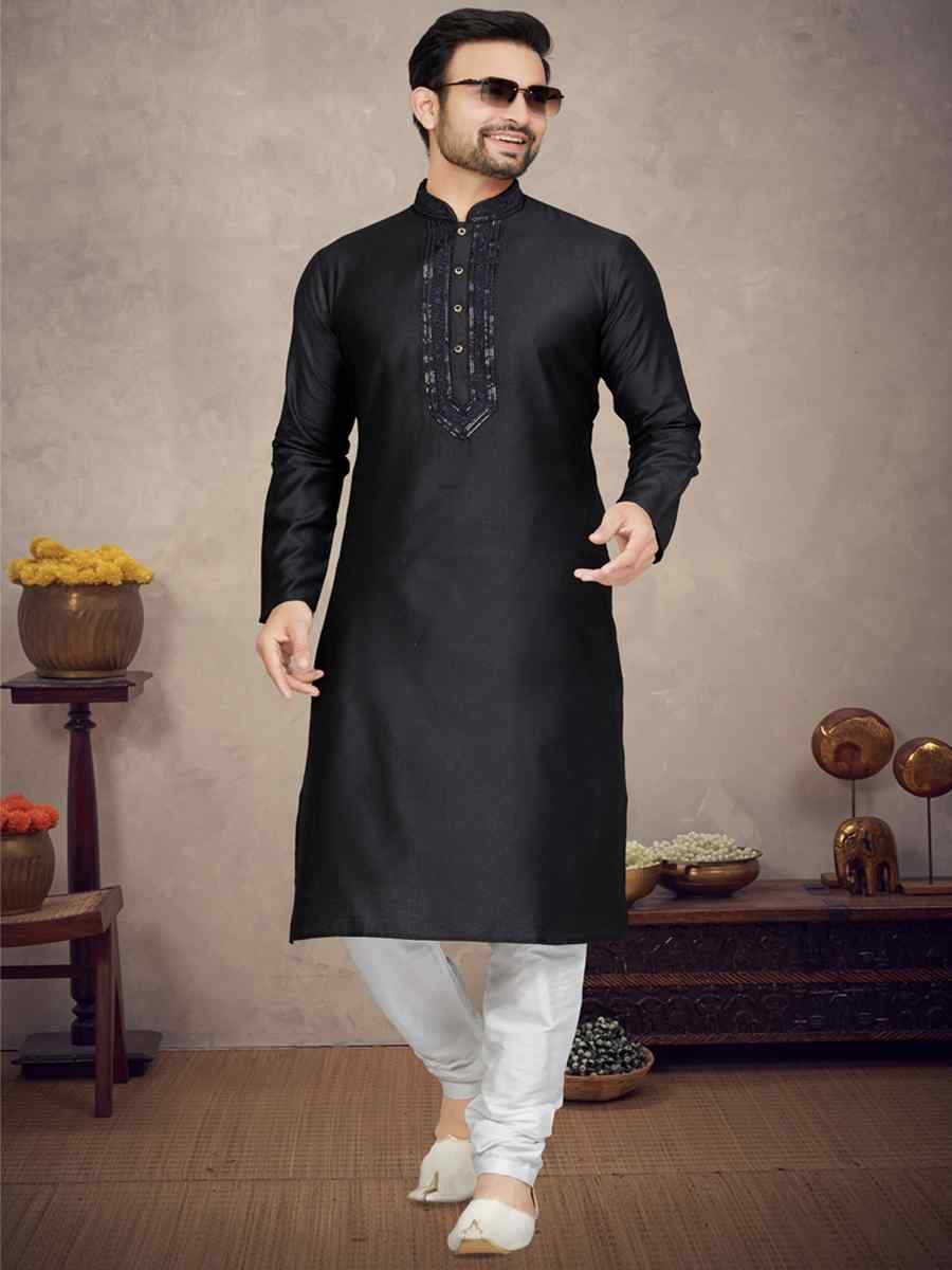 Black Jacquard Woven Festival Mehendi Kurta