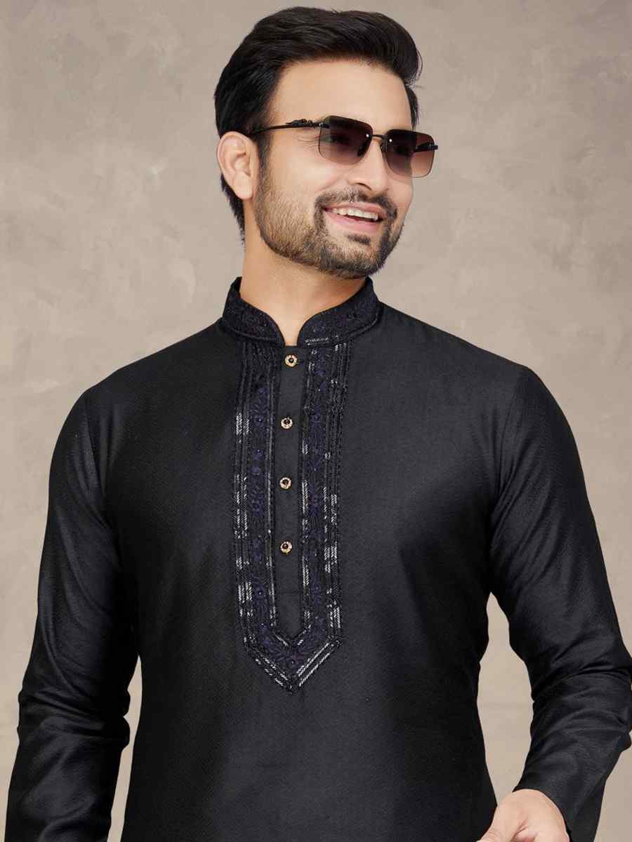 Black Jacquard Woven Festival Mehendi Kurta
