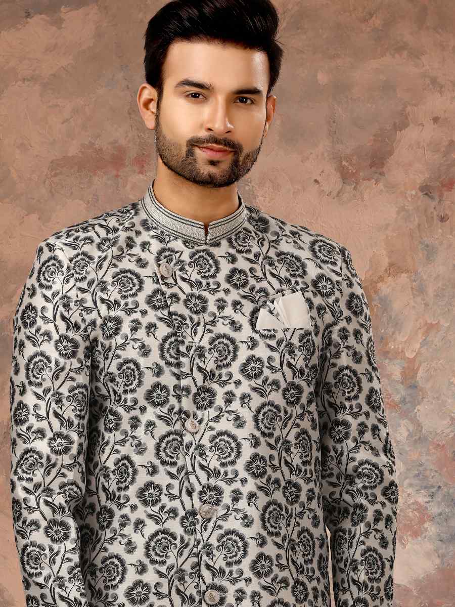 Black Jacquard Woven Festival Wedding Sherwani