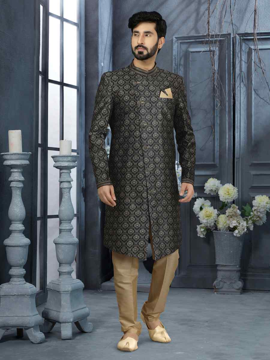 Black Jacquard Woven Festival Wedding Sherwani