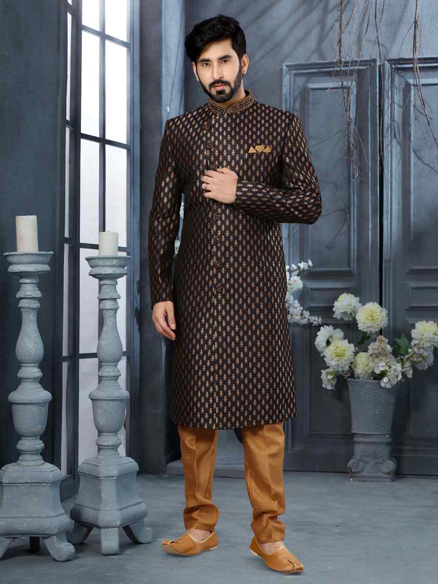 Black Jacquard Woven Festival Wedding Sherwani