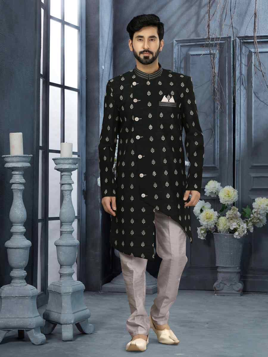 Black Jacquard Woven Festival Wedding Sherwani