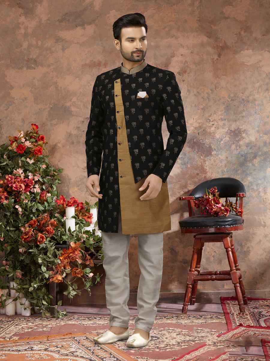 Black Jacquard Woven Festival Wedding Sherwani
