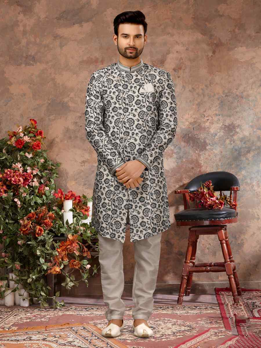Black Jacquard Woven Festival Wedding Sherwani