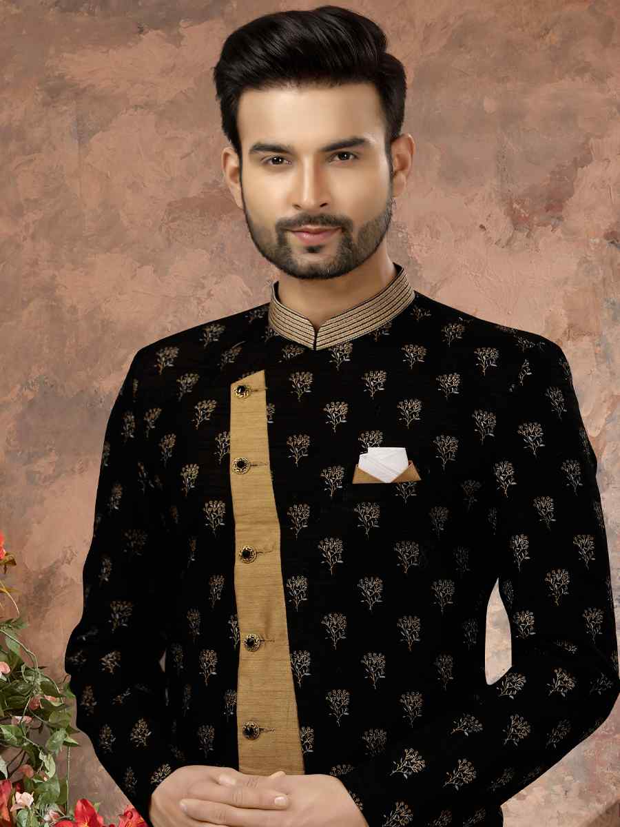 Black Jacquard Woven Festival Wedding Sherwani