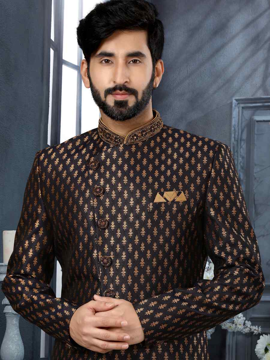 Black Jacquard Woven Festival Wedding Sherwani