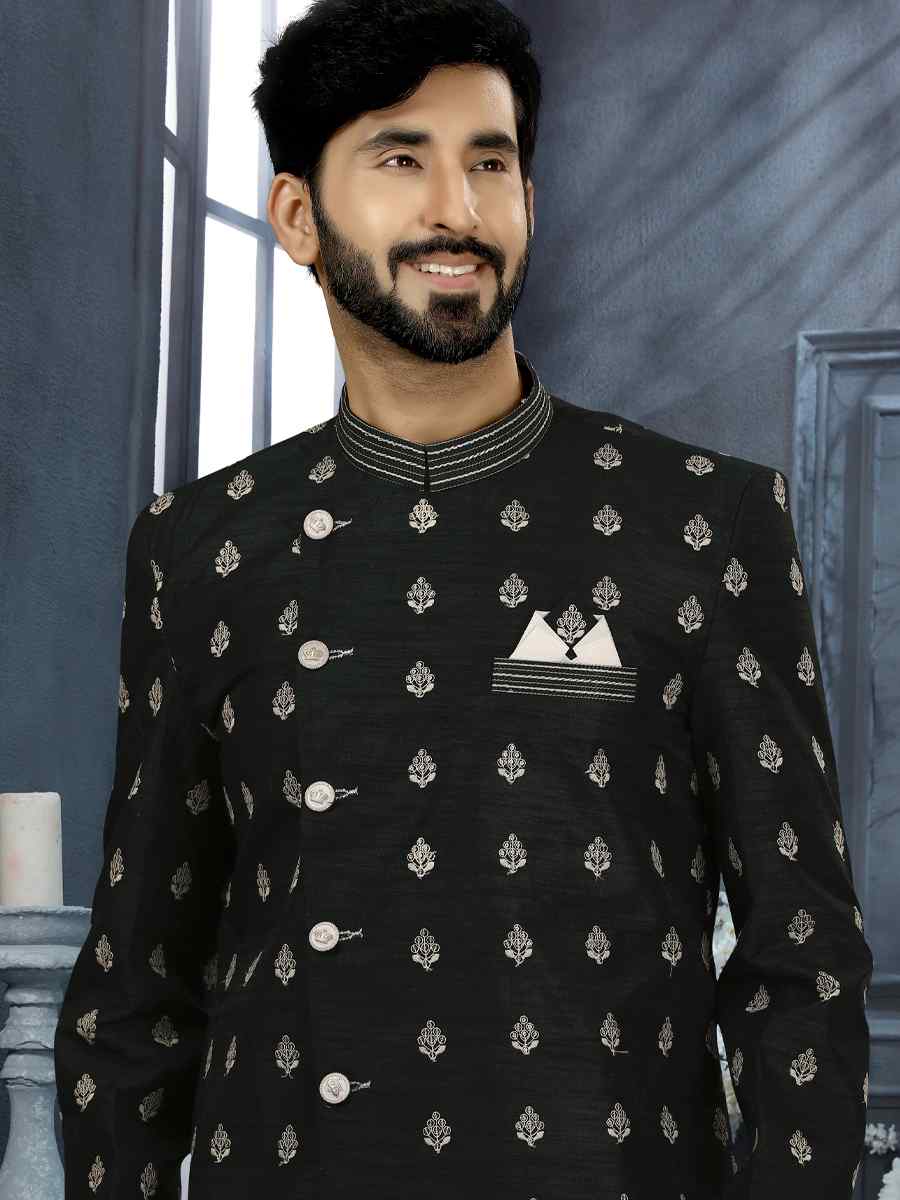Black Jacquard Woven Festival Wedding Sherwani