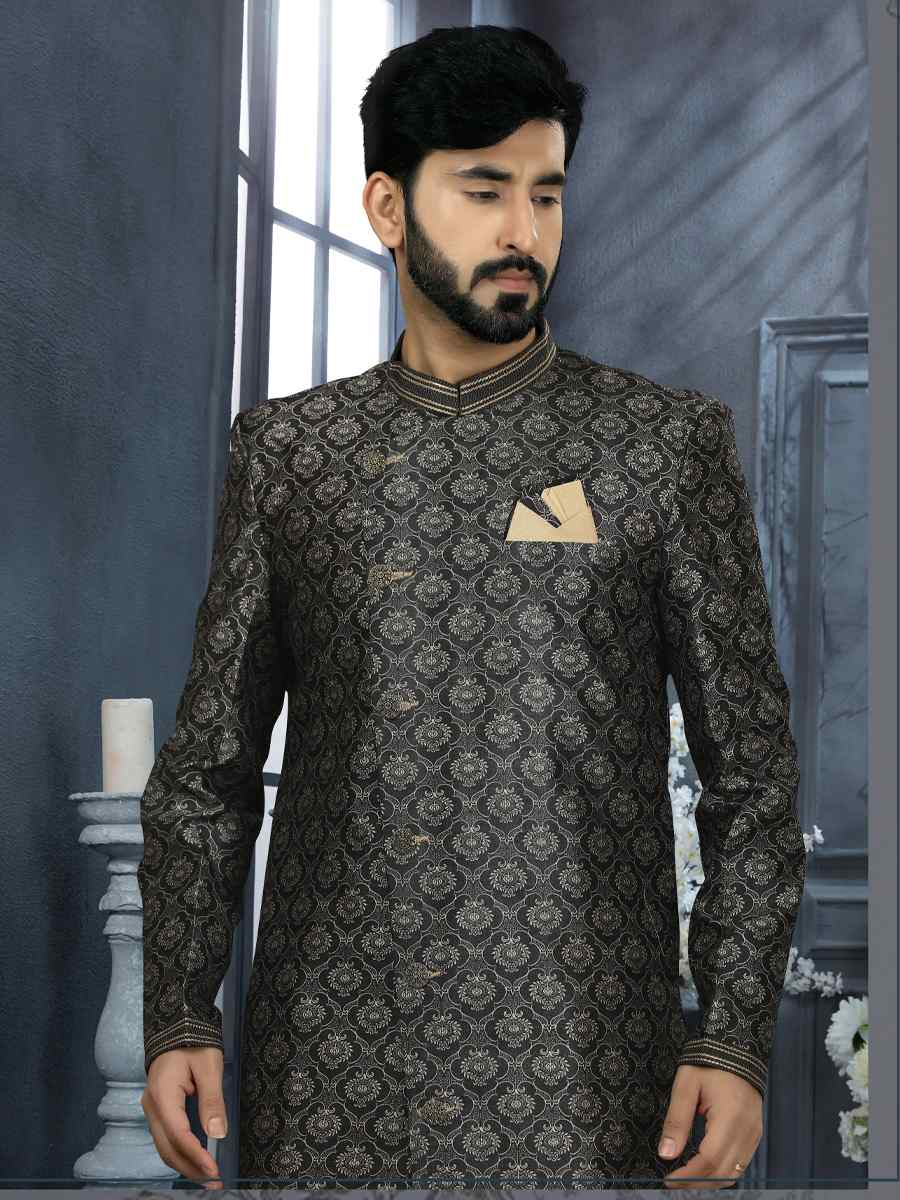 Black Jacquard Woven Festival Wedding Sherwani