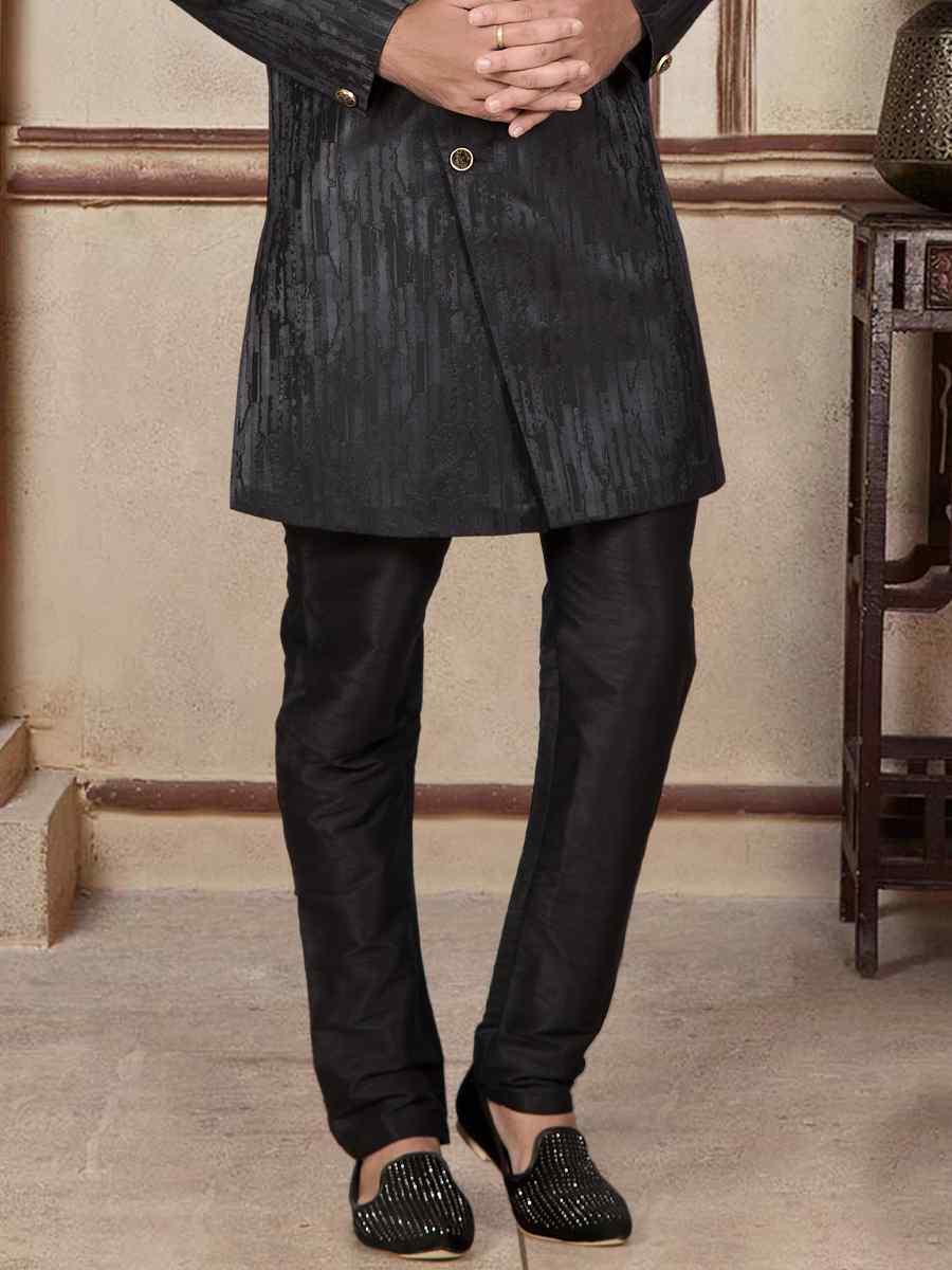 Black Jacquard Woven Festival Wedding Sherwani Kurta