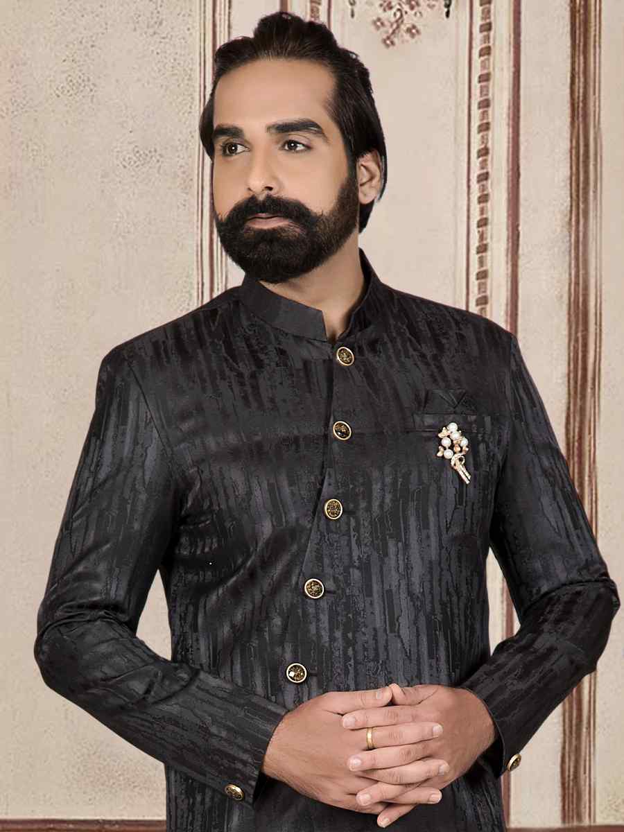 Black Jacquard Woven Festival Wedding Sherwani Kurta
