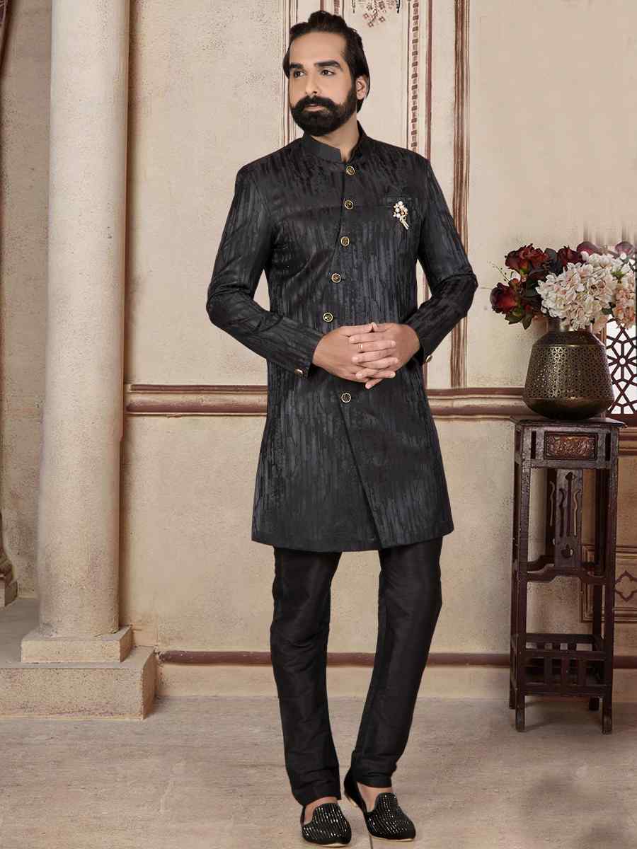 Black Jacquard Woven Festival Wedding Sherwani Kurta