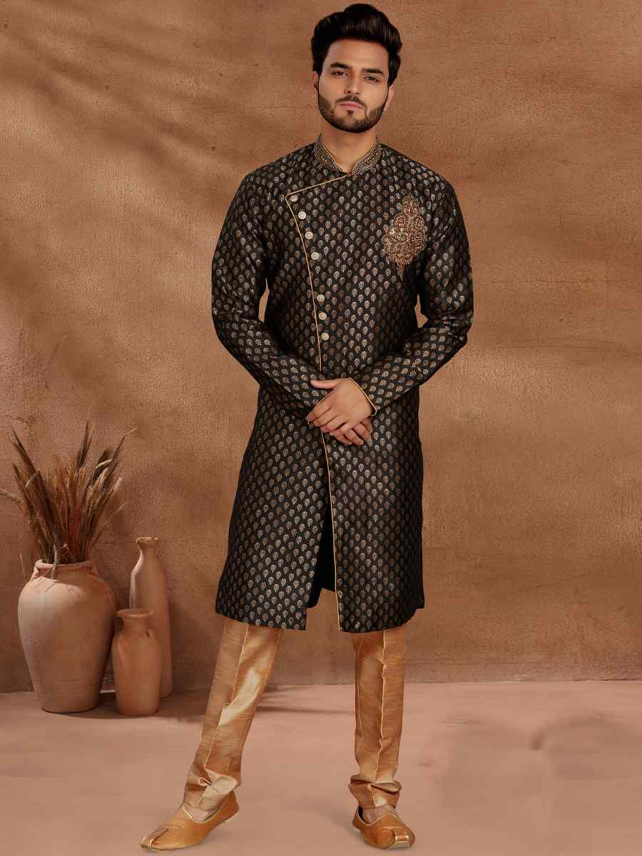 Black Jacquard Woven Party Wedding Kurta