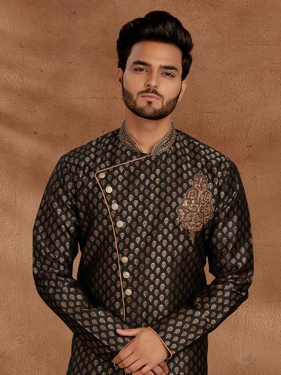 Black Jacquard Woven Party Wedding Kurta