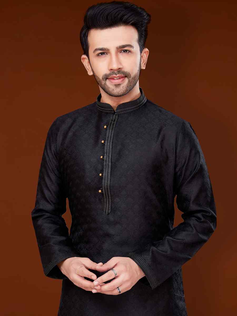 Black Jacquard Woven Wedding Festival Kurta