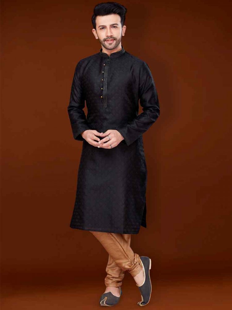 Black Jacquard Woven Wedding Festival Kurta