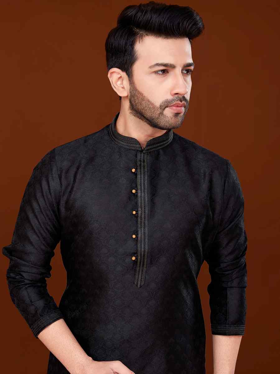 Black Jacquard Woven Wedding Festival Kurta