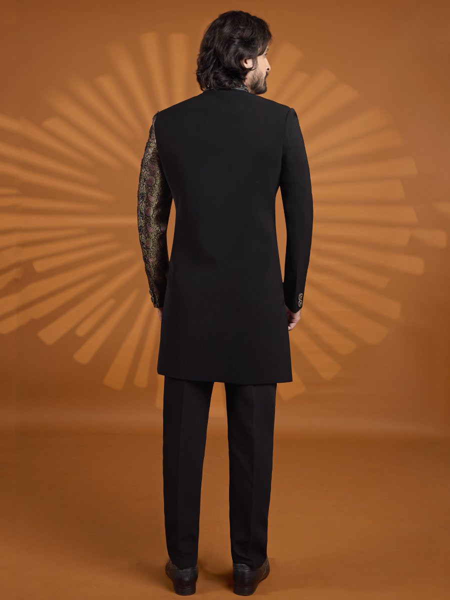 Black Jacqurd Embroidered Computer Thread work Wedding Party Festival Groom Sherwani