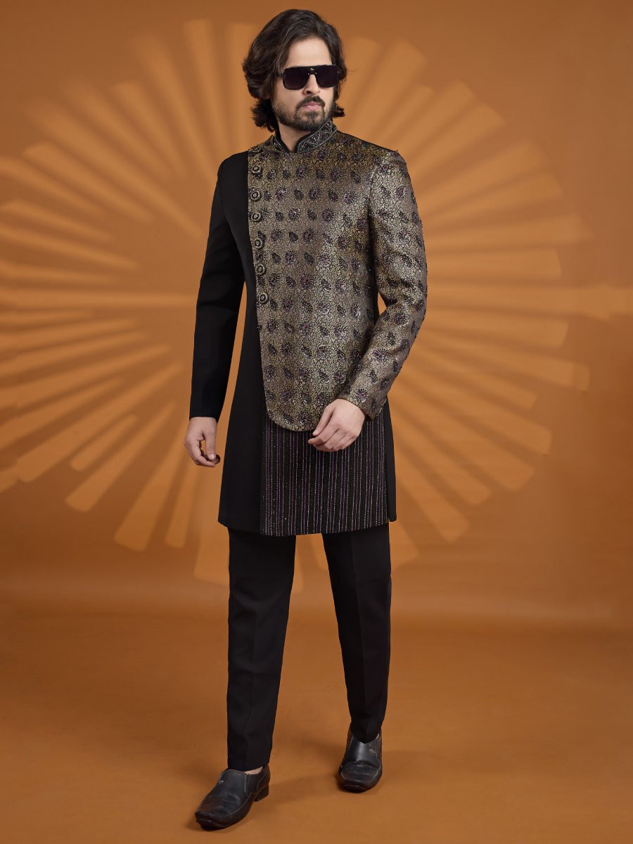 Black Jacqurd Embroidered Computer Thread work Wedding Party Festival Groom Sherwani