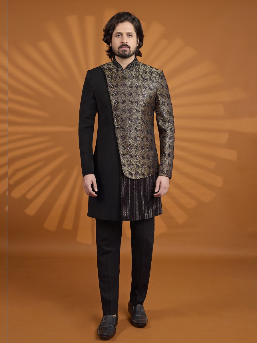 Black Jacqurd Embroidered Computer Thread work Wedding Party Festival Groom Sherwani