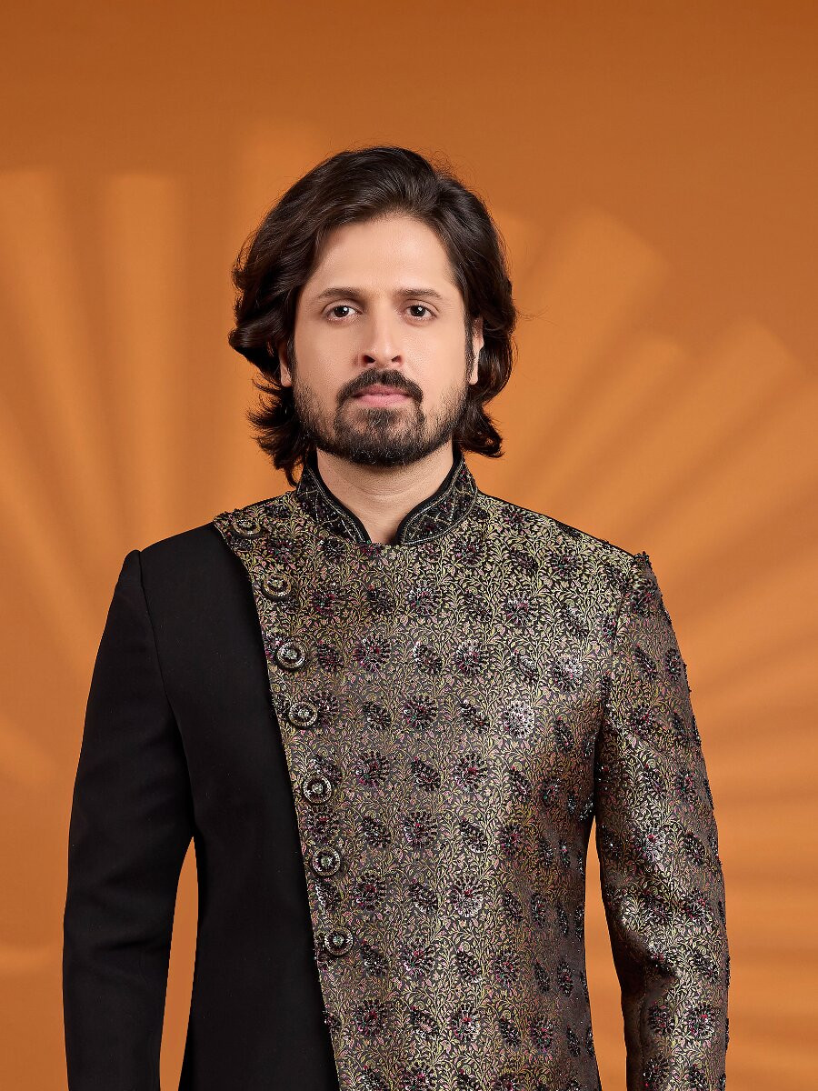 Black Jacqurd Embroidered Computer Thread work Wedding Party Festival Groom Sherwani