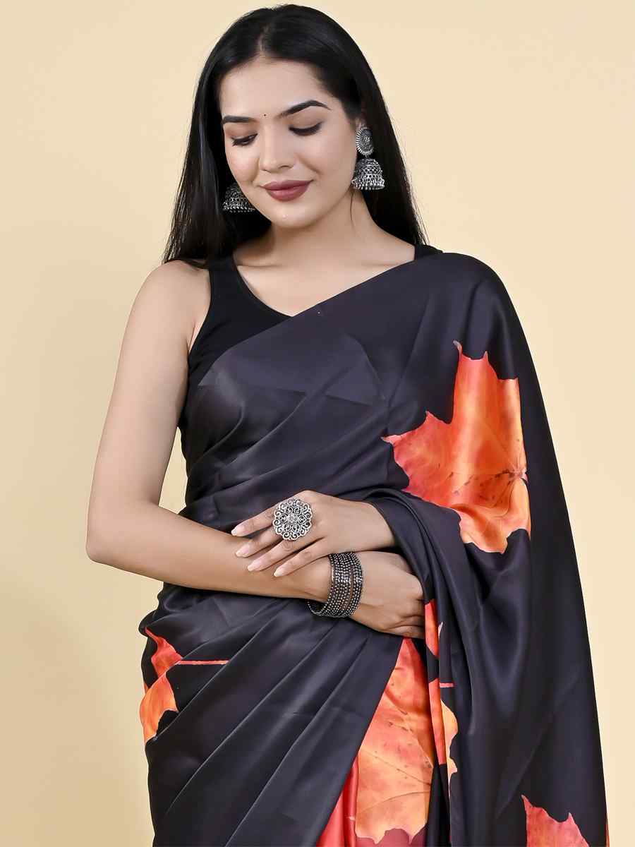 Black Japan Satin Silk Printed Casual Party Contemporary Saree